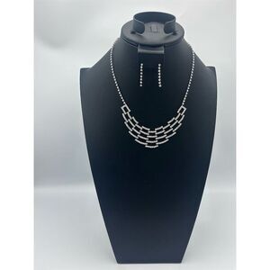 Art Deco Rhinestone Necklace & Earrings Set Silver Tone Jewelry